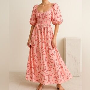 La Ligne Lola Silk Maxi Dress x Hanna Barczyk abstract face XS Wedding vacation